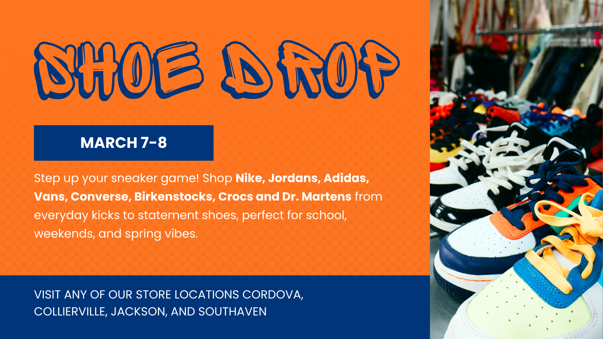 Plato’s Closet Shoe Drop March 7–8 featuring Nike, Jordans, Adidas, Vans, Converse, Crocs, Birkenstocks, and Dr. Martens for teens and young adults.